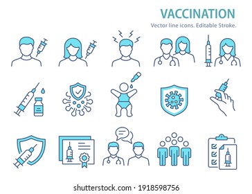 Vaccine icons, such as syringe, coronavirus, covid 19 and more. Editable Stroke. Vector illustration.