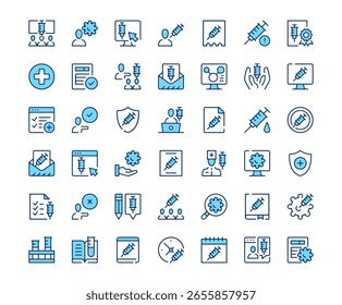 Vaccine icons. Vector line icon set. Modern outline design. Blue concept