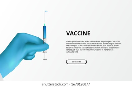 Vaccine illustration concept. Hand sterile glove holding syringe with blue liquid drug cure for disease