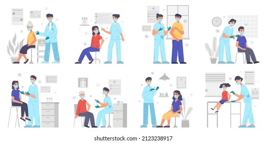 Vaccine, immunisation medical scenes, people get vaccinated. Senior, adults and kids at doctors examination vector illustration set. Doctor with syringe vaccinates people. Prevention viruses