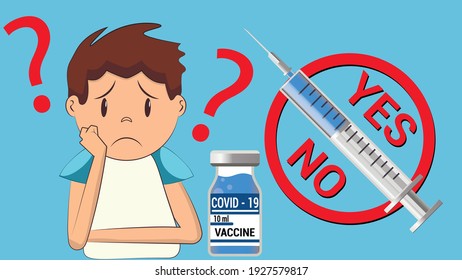 Vaccine and immunization concept. Cartoon vector banner, syringe vaccine poster and scared child thinking. Vaccination background. EPS 10
