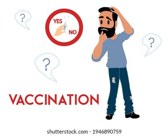 Concepto de vacunas e inmunización. Hombre antes de elegir. ¿Vale la pena vacunarse? Ilustración vectorial - mano, jeringa, banner. La cuestión es si o no.
