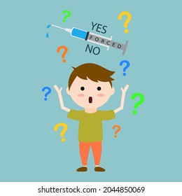 Vaccine and immunization concept. Vector banner syringe and a kid thinks to vaccinate or not.