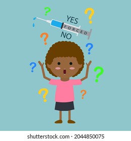 Vaccine and immunization concept. Vector banner syringe and a kid thinks to vaccinate or not.