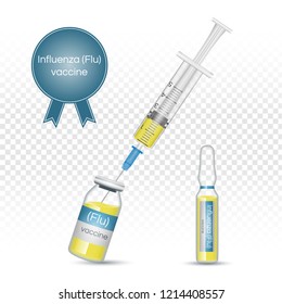 Vaccine influenza (flu) in a syringe. Vector Realistic pharmaceutical set transparent bottle and ampoule. File eps10.