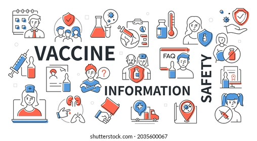 Vaccine and information, safety - line design style icons set