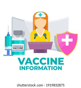 Vaccine information. Woman doctor at a conference. Vaccination educational content. Information and instructions. E-learning and article websites. Coronavirus pandemic. Global immunization.