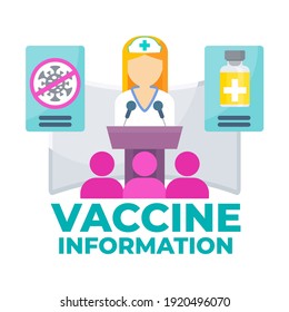 Vaccine information. Woman doctor at a conference. Vaccination educational content. Information and instructions. E-learning and article websites. Coronavirus pandemic. Global immunization.