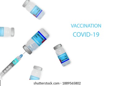 Vaccine injection bottle vector background. Vaccine shot for covid-19 coronavirus immunization and vaccination medical treatment in white background. Vector illustration.