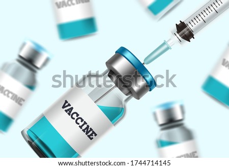 Vaccine injection bottle vector background. Vaccine shot for covid-19 coronavirus immunization and vaccination medical treatment in white background. Vector illustration.
