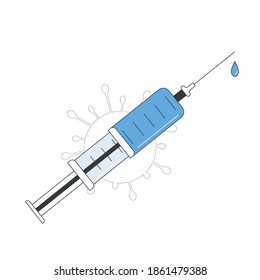 Vaccine injection isolated on white background. Syringe of coronavirus vaccine. Complete research and development. Vector line art flat illustration.