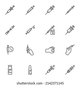 Vaccine injection line icons set, outline vector symbol collection, linear style pictogram pack. Signs, logo illustration. Set includes icons as injection syringe, medical ampoule, medicine drug