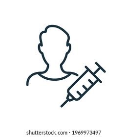 Vaccine Injection for Men. Syringe and Man line icon. Coronavirus vaccination for boy. Editable Stroke. Vector illustration.