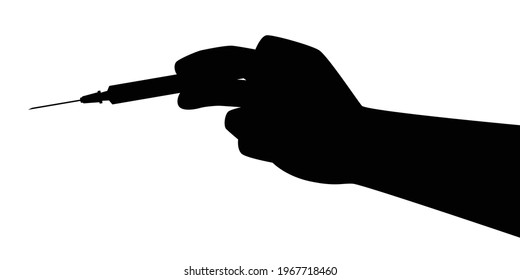 Vaccine injection needle in hand silhouette on white background, medical and healthy concept.