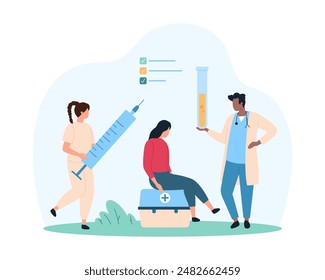 Vaccine injection, vaccination for treatment or prevention of diseases. Tiny people holding syringe injection with dose of medicine for patient and laboratory test tube cartoon vector illustration