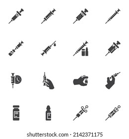 Conjunto de iconos vectoriales de inyección de vacunas, colección moderna de símbolos sólidos, paquete de pictogramas estilo relleno. Señales, ilustración del logotipo. El conjunto incluye iconos como jeringa para inyección, ampolla médica, medicamento