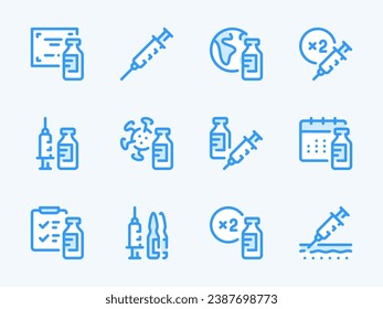 Vaccine and Injection-Vektorgrafik-Symbole. Symbolsatz für Impfung und Medizin. Antibiotika, Ampulle, antivirales Arzneimittel, Dosierung, Spritze, Arzneimittelflasche, Medikationsplan und mehr.