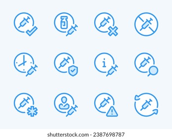Vaccine and Injection vector line icons. Vaccination and Medicine outline icon set. Disease Protection, Medicine Time, Patient Card, Syringe, Revaccination, Medicine Dosage and more.