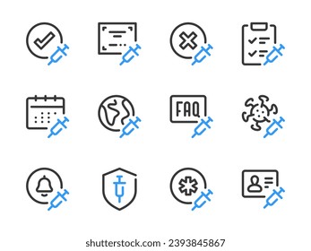 Vaccine and Injection vector line icons. Vaccination and Medicine outline icon set. Certified Therapy, Treatment Plan, Patient Documents, Antiviral Drug, Global Vaccination and more.