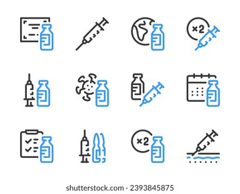 Vaccine and Injection vector line icons. Vaccination and Medicine outline icon set. Antibiotic, Ampoule, Antiviral Drug, Dosage, Syringe, Medicine Bottle, Medication Schedule and more.