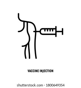 Vaccine injection in woman's forearm. Medical treatment. Thin line icon of vaccination. Vector illustration.