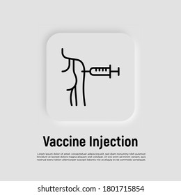 Vaccine injection in woman's forearm. Medical treatment. Thin line icon of vaccination. Vector illustration.