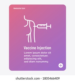 Vaccine injection in woman's forearm. Medical treatment. Thin line icon of vaccination. Vector illustration.