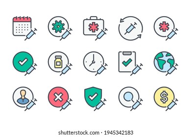 Vaccine and Inoculation color line icon set. Healthcare, Injection and Medical Care linear icons. Vaccination, Syringe and Needle colorful outline vector sign collection.