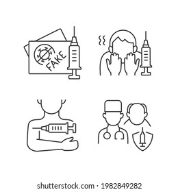 Vaccine inoculation linear icons set. Fake vaccinated tourist passport. Fear of needle. Priority list. Customizable thin line contour symbols. Isolated vector outline illustrations. Editable stroke