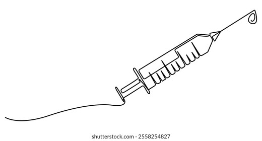 Vaccine. Insulin. Coronavirus. One line drawing. Vector illustration continuous line drawing, Insulin syringe, injection, vaccination, medical supplies, equipment one line art. Continuous line drawing