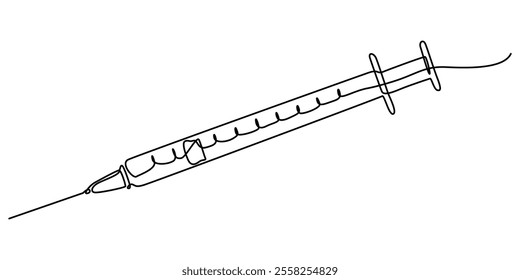 Vaccine. Insulin. Coronavirus. One line drawing. Vector illustration continuous line drawing, Insulin syringe, injection, vaccination, medical supplies, equipment one line art. Continuous line drawing