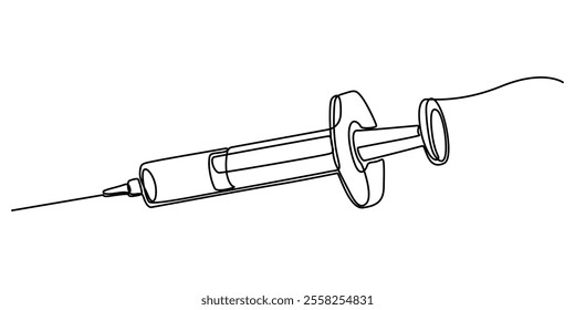 Vaccine. Insulin. Coronavirus. One line drawing. Vector illustration continuous line drawing, Insulin syringe, injection, vaccination, medical supplies, equipment one line art. Continuous line drawing