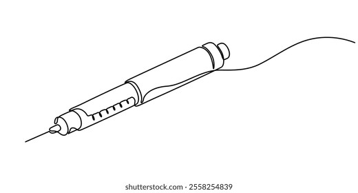 Vaccine. Insulin. Coronavirus. One line drawing. Vector illustration continuous line drawing, Insulin syringe, injection, vaccination, medical supplies, equipment one line art. Continuous line drawing
