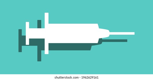 Vaccine Jab Syringe Needle Flat Icon with Shadow on Blue Background. Vector Image.