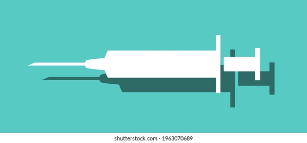 Vaccine Jab Syringe Needle Flat Icon with Shadow on Blue Background. Vector Image.