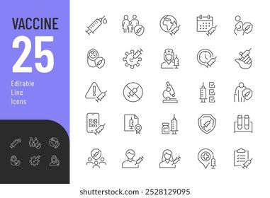 Vaccine Line Editable Icons set. Vector illustration in modern thin line style of health care related icons: vaccination, certificate, research, virus, and more. Pictograms and infographics for mobile