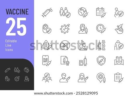 Vaccine Line Editable Icons set. Vector illustration in modern thin line style of health care related icons: vaccination, certificate, research, virus, and more. Pictograms and infographics for mobile