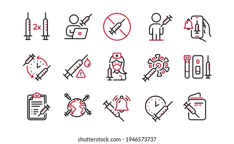 Vaccine Line Icons. Corona Jab, Medical Syringe, Vaccination Passport Icons. Covid Vaccine, Human Jabbed And Coronavirus Dose. Syringe Needle, Corona Injection, Vaccination Notification. Vector