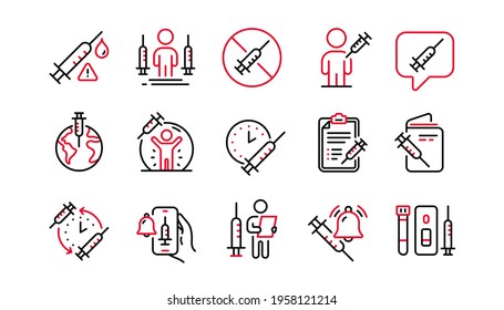 Vaccine Line Icons. Corona Jab, Medical Syringe, Vaccination Passport Icons. Covid Vaccine, Human Jabbed And Coronavirus Dose. Syringe Needle, Corona Injection, Vaccination Notification. Vector