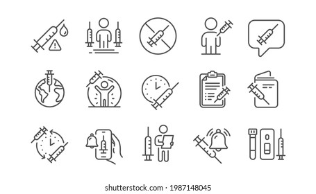 Vaccine line icons. Corona jab, Medical Syringe, Vaccination passport icons. Covid vaccine, Human jabbed and Coronavirus dose. Syringe needle, Corona injection, Vaccination notification. Vector