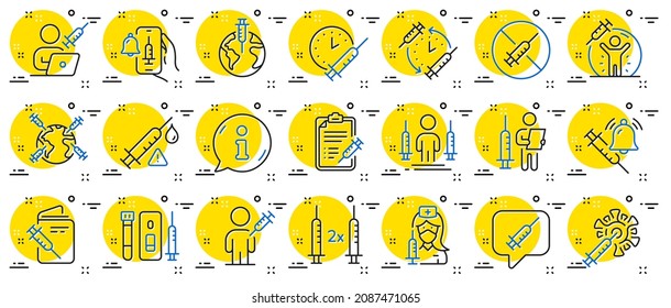 Vaccine line icons. Corona jab, Medical Syringe, Vaccination passport icons. Covid vaccine, Human jabbed and Coronavirus dose. Syringe needle, Corona injection, Vaccination notification. Vector