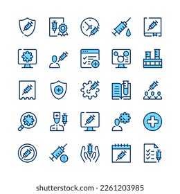 Symbole der Impflinie. Set von Impfstoffsymbolen. Blau. Vektorliniensymbole