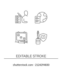 Vaccine line icons set. Clinical trial. Approved vaccine. Covid19 disease. Vaccination concepts. Isolated vector illustrations.Editable stroke