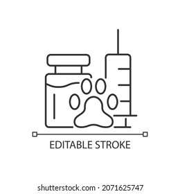 Vaccine linear icon. Pet immunization. Animal disease prevention. Immunity strengthening. Thin line customizable illustration. Contour symbol. Vector isolated outline drawing. Editable stroke