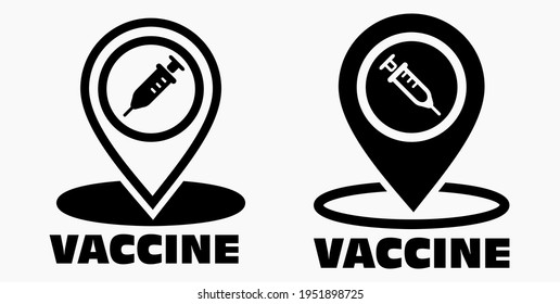 Vaccine and location icon. Syringe sign. The location of the hospital. Vector icon.