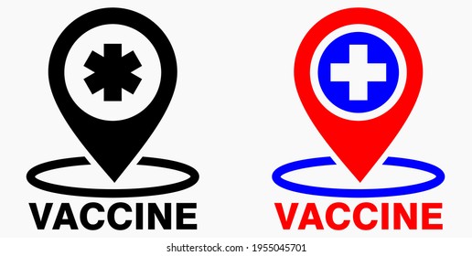 Vaccine and location icon. Syringe sign. The location of the hospital. Vector icon.