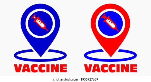 Vaccine and location icon. Syringe sign. The location of the hospital. Vector icon.