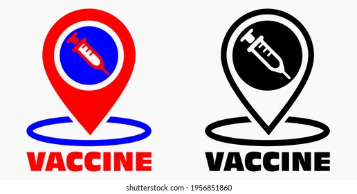 Vaccine and location icon. Syringe sign. The location of the hospital. Vector icon.