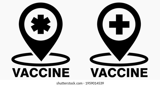 Vaccine and location icon. Syringe sign. The location of the hospital. Vector icon.