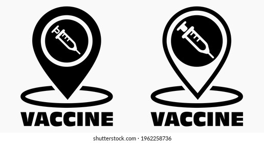 Vaccine and location icon. Syringe sign. The location of the hospital. Vector icon.